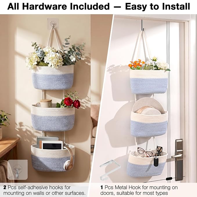 ICERZCZ Hanging Baskets for Organizing, Over the Door Decorative Storage Organizer, Nursery Decor Organization, 3-Tier Wall Basket for Entryway Playroom Bathroom Closet, Light Blue & Off White