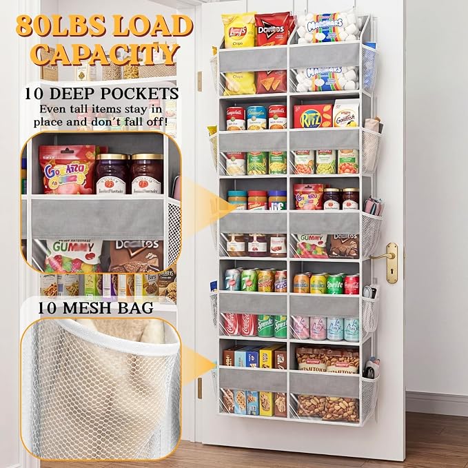 5-Tier Over Door Organizer, 10-Compartment Wide Storage Rack | 20" wide, 80 lbs for heavy family use, 10 side pockets, fits doors for closet, nursery, entryway, dorm, RV, laundry room