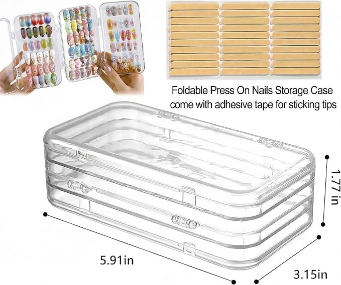 Inmorven Press On Nail Storage Box, Tri-Fold Transparent PET Nail Organizer Case with 30pcs Double-Sided Adhesive Tape, Portable 3-Layer Fake Nails Display Holder for Travel & Home