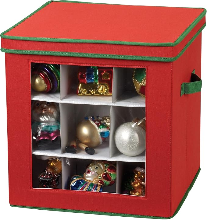 Household Essentials 27‑Piece Ornament Storage Box with Clear Front Panel and Adjustable Dividers, Red and Green
