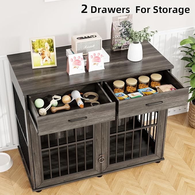 VOWNER 43.3" Large Dog Crate Furniture with 2 Drawers, Grey | Wooden Dog Kennel Furniture End Table with 3 Doors, XL Dog Kennel Indoor with Storage, Dog Cage TV Stand for Large Medium Dog