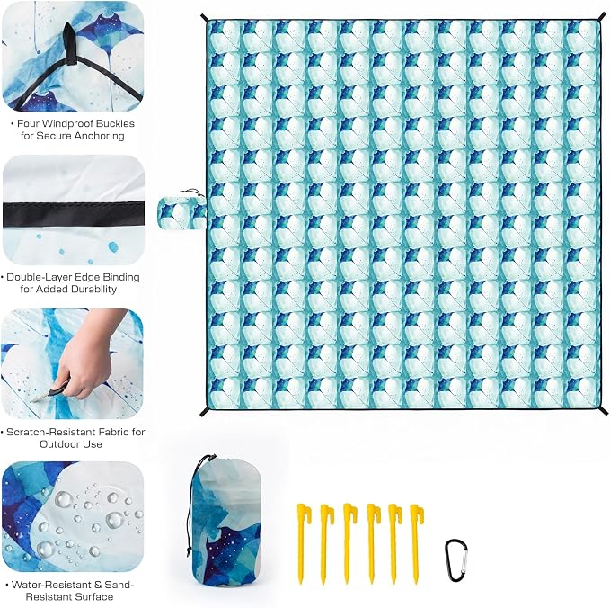 OIGAE Beach Blanket Waterproof Sandproof Oversized Beach Mat | Picnic Mat with Stakes, Storage Bag - Essentials for Outdoor Beach, Picnic,Quick-Dry Lightweight,Windproof Pockets