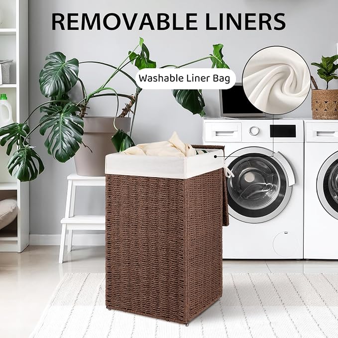 OIAHOMY Laundry Hamper with Lid, 65L(17.2 Gal) Large Wicker Laundry Basket for Bedroom, Handwoven Paper Rope Clothes Hamper with Washable Liner & Metal Frame, Decorative organizer for Bathroom Brown