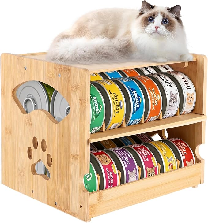 Wooden Cat Food Can Organizer, FIFO Can Storage Rack with Auto Rotation and Dividers, Holds 36 Cans 3 oz, Two Tier Pet Food Holder, Space Saving Countertop Organizer for Pantry Kitchen