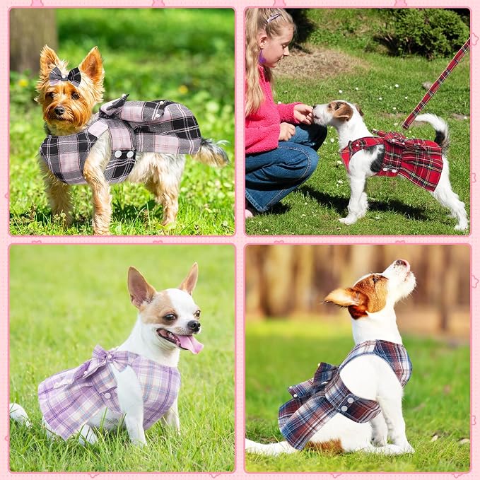 Coppthinktu Plaid Dog Dresses for Small Dogs Girl Bowknot Harness Leash Set