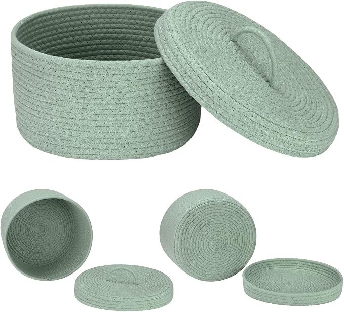 Sea Team Round Storage Basket, Woven Cotton Rope Basket with Lid, Green | Decorative Knitted Storage Bin, Multi-Purpose Lidded Organizer for Closet Shelves, Nursery and Household Storage