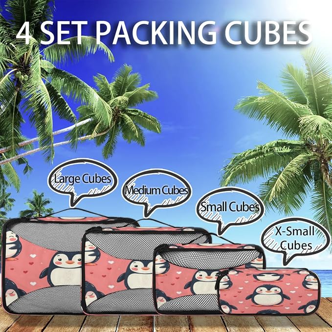 4 Set Packing Cubes for Travel, Animal Penguin Packing Cubes for Women, Travel Luggage Packing Organizers, Packing Cube Set, Cute Penguins