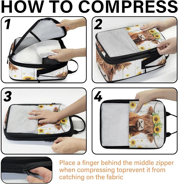 Highland Cow 6 Set Compression Packing Cubes Funny Cattle Bull Cow Expandable Packing Organizer for Travel Accessories Luggage Suitcase Bag