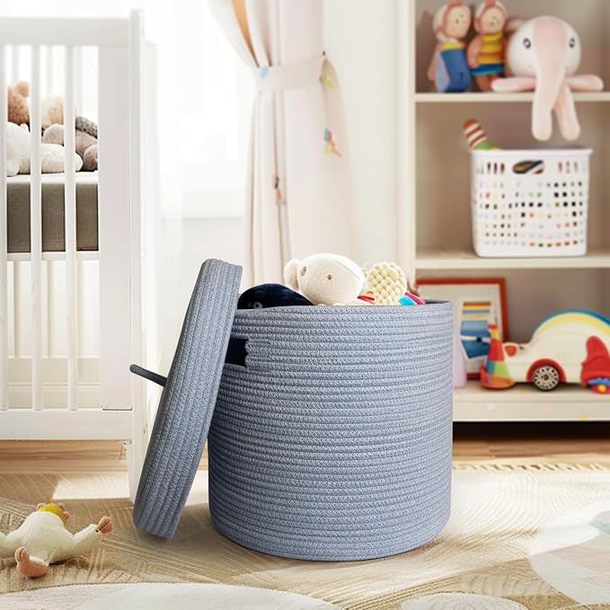 Storage Basket with Lid, Woven Blanket Storage for Living Room, Soft Cotton Rope Bin with Lid, Round Wicker Laundry Basket with Cover, Lidded Kid Dog Toy Box, Nursery Organizer, 15"x13", Blue