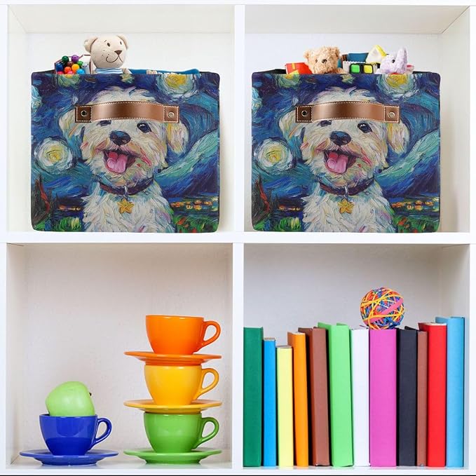 Dog Starry Night Blue Rectangular Storage Bin Basket with Handles - Laundry Hamper Nursery Storage Storage Baskets
