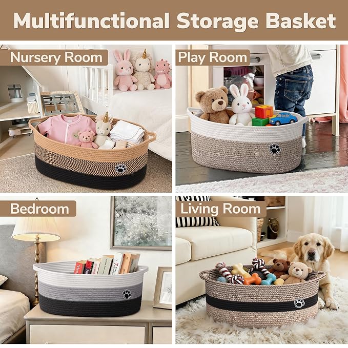 30L Large Woven Rope Dog Toy Basket with Paw Print, Black Brown | 19.7" x 11" x 7.9" Dog Toy Bin & Box with Handles, Storage Basket for Blankets Towels, Fits Living Room Nursery Bedroom