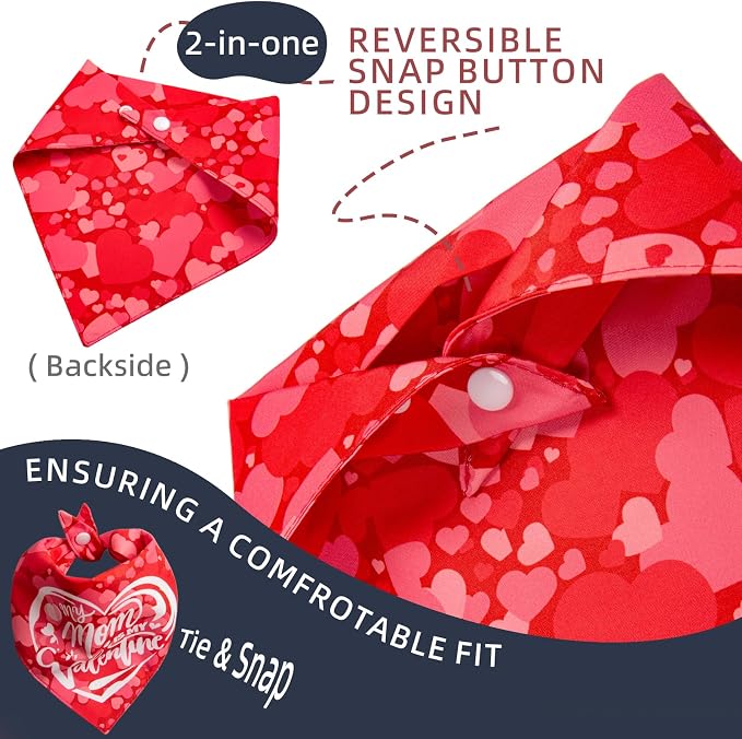 Holiday Dog Bandanas for Valentine's Day 2-in-1 Reversible Cute Lettering - My Mom is My Valentine & Heart Pattern Costume Pet Scarf with Snap Button for Large & Extra Large Breeds 75lbs+