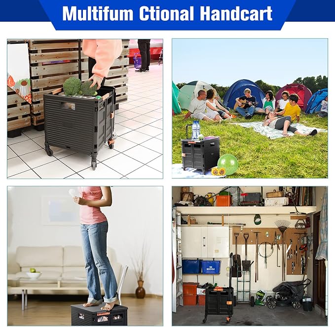 Quick Utility Cart Folding Portable Rolling Crate Handcart with Lid with Durable Heavy Duty Plastic Telescoping Handle Collapsible 4 Rotate Wheels for Travel Shopping Moving Luggage Office Use-Green