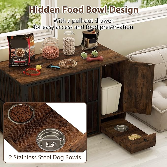 PETSITE 47.5-inch Dog Crate Furniture, Heavy-Duty Wooden Dog Kennel with Hidden Bowls in Pull-Out Drawer, Storage Cabinet, and Chew-Resistant Metal Frame, Industrial Style for Small & Medium Sized