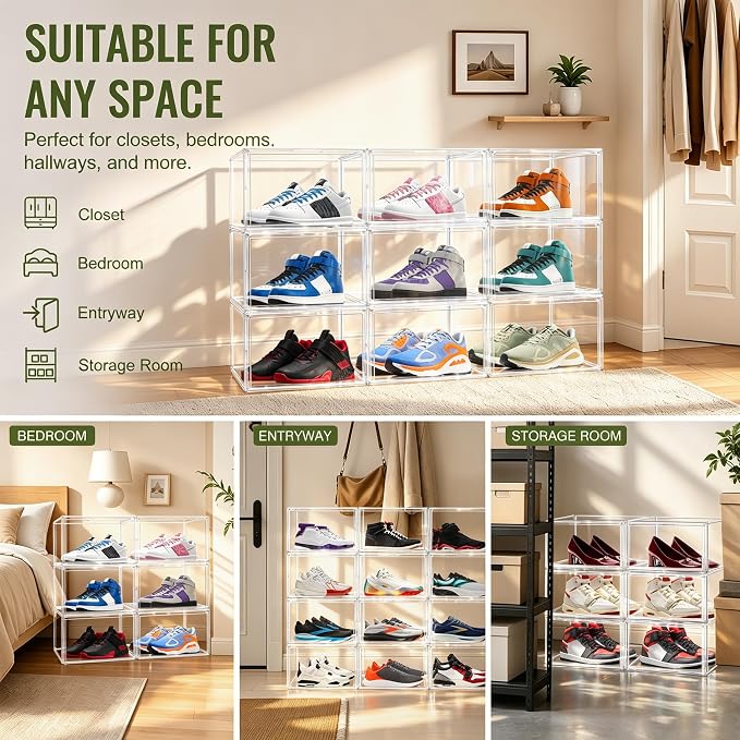Heavy Duty Acrylic Shoe Box, Size 14, Stackable Everyday Footwear Storage | Wide Magnetic Door, Fits Size 14 Sneakers, Casual Shoes, Athletic Footwear. Clear Acrylic Design & Dustproof Storage