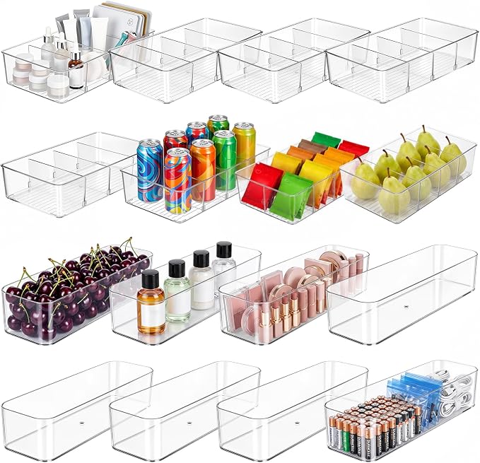 Mifoci 16 Pcs Snack Pantry Organizer and Storage, Clear Plastic Storage Bin for Pantry Shelf with 3 Divider & No Divider, Stackable Container Box with Handle for Kitchen Cabinet Fridge Closet Bathroom