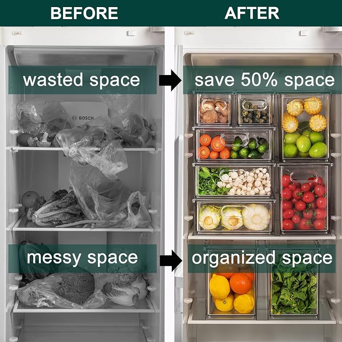 LALASTAR 2 Pack Fridge Organizer with Pull-out Drawer, Stackable Freezer Organizer Bin, Pantry Organization and Storage, BPA Free, 3.17QT