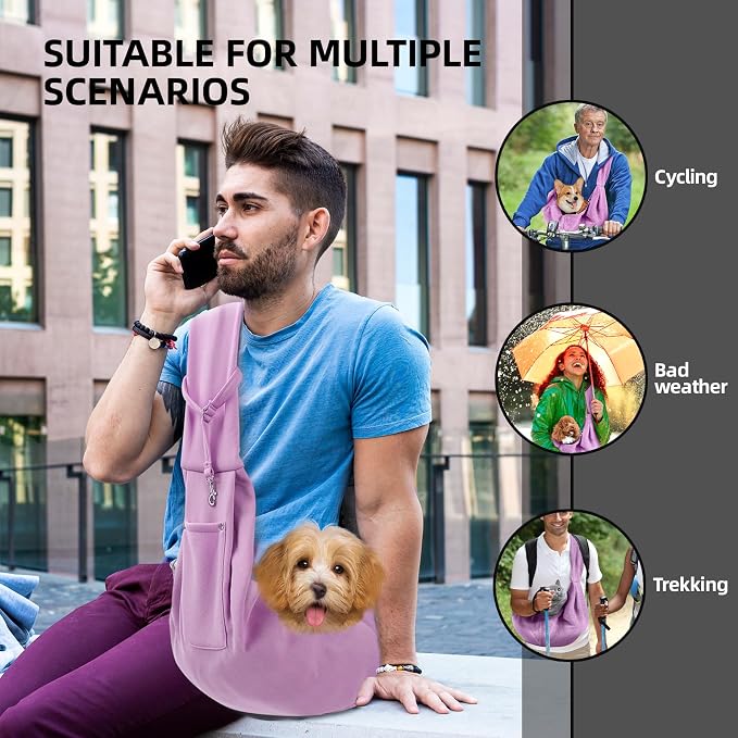 ARZQUT Dog and Cats Carrier Sling, Small Pet Carrier with Storage Pocket | Reversible Puppy Sling Carrier, Safety Buckle, Storage bag, Machine Washable for Travel, Outdoor Activitie, Hand-Free,Purple