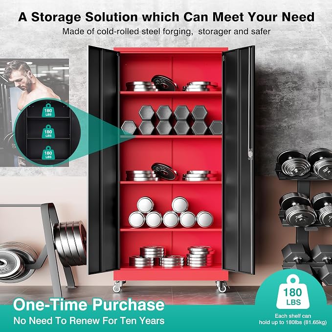 75" Tall Metal Storage Cabinet with Wheels,Rolling Garage Storage Cabinet with Lock,Red Metal Cabinets on Wheels,Locking Tool Cabinets on Wheel for Garage,Home,Office,Shop