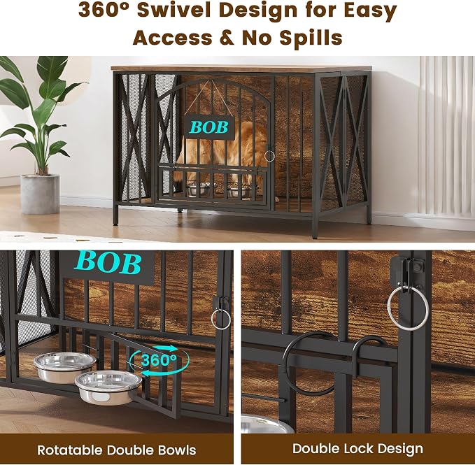 BOINN 41.3" Dog Crate Furniture Foldable, No Assembly Decorative Dog Kennel Indoor, Wooden Dog Crates with 360° Rotating Bowls and Name Tag, Rustic End Table for Medium/Large Dogs