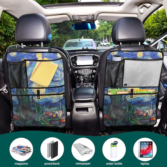 JIPONI Car Backseat Organizer, Van..gogh Starry Automotive Back Seat Protector, Kick Mats with Storage Pockets for Kids Pets, Road Trip Accessories