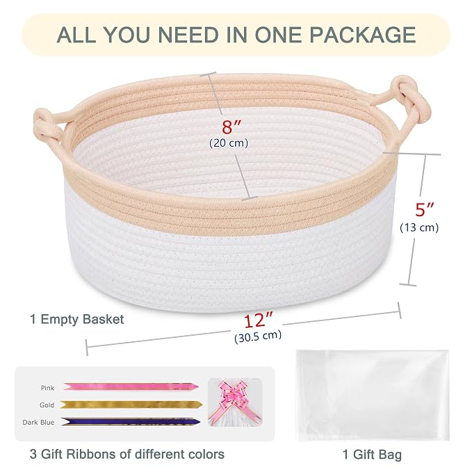 COMSE Small Gift Basket Empty with Bag & Ribbons, Beige & White | Cotton Rope, 12"x 8"x 5", Pet Toy Storage Organizer, Woven Basket for Birthdays, Baby Showers, Mother’s Day, Valentine’s Day