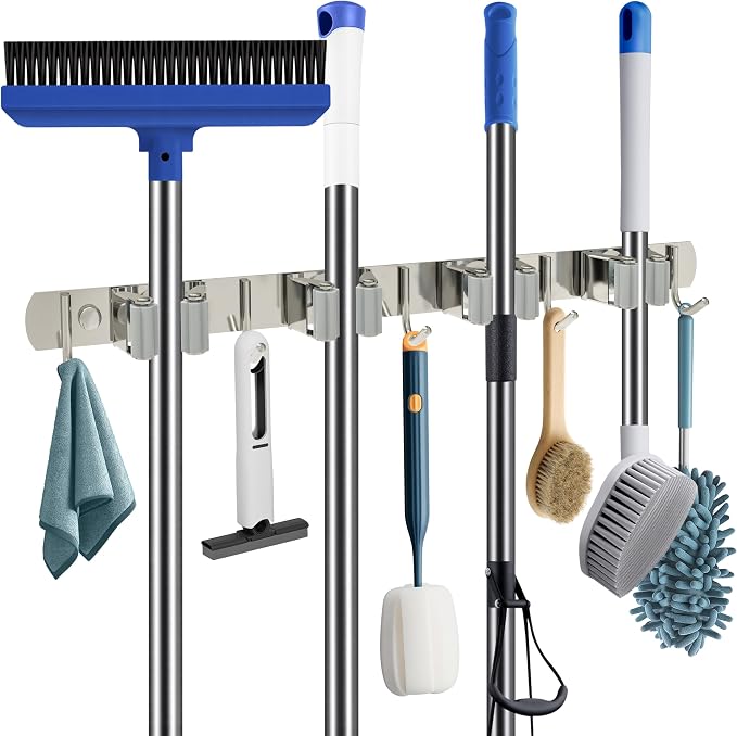 Wall Mounted Broom and Mop Organizer Stainless Steel Storage Rack | Heavy Duty 4 Racks with 5 Hooks Holder for Garden Tools, Space Saving Home, Garage, Kitchen and Laundry Organization