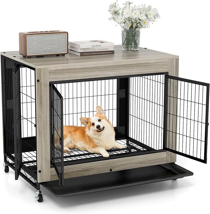PETSITE Portable Dog Crate Furniture, 38 Inch Wooden Dog Kennel Side Table with Flip-up Top, 3 Lockable Doors and Removable Tray, Ideal for Small to Medium Dogs (Grey)