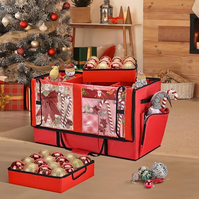 2-in-1 Christmas Ornament Storage Box & Xmas Figurine Container, Premium Christmas Ornament Storage Container - Holds Up to 64pcs-3” Ornaments, Adjustable Dividers, 4 Individual Trays -Red