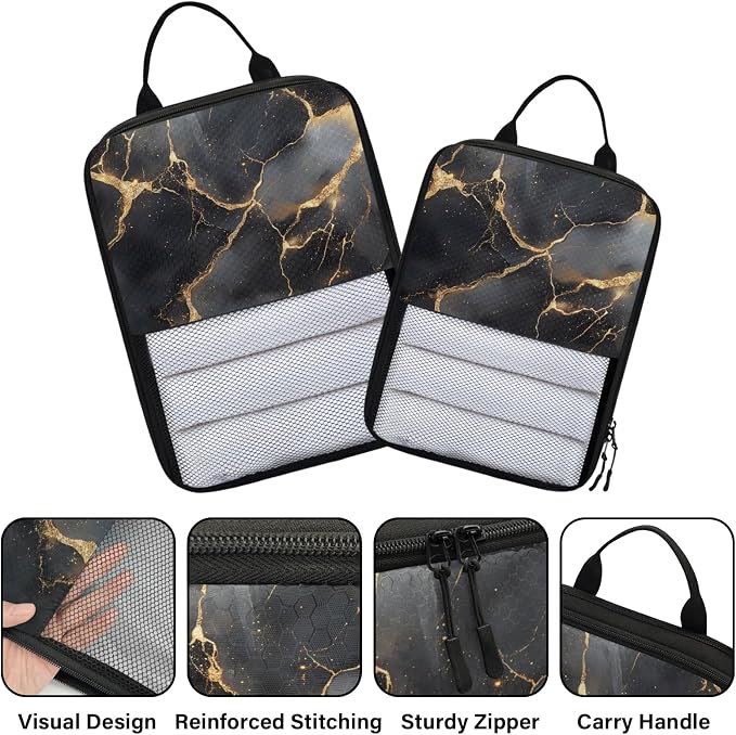 Black 6 Set Compression Packing Cubes Marble Expandable Packing Organizer for Travel Accessories Luggage Suitcase Bag