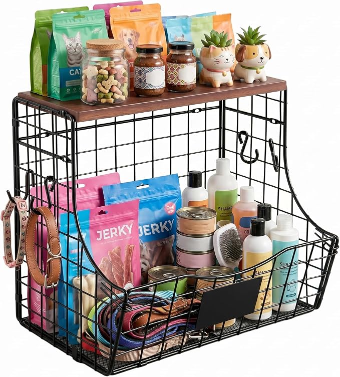 Pet Supplies Wall Basket with Wood Lid and Hooks, Dog Stuff Organizer for Wall, Puppy Toy Box Holder for Treats Leash, Wall Storage for Kitchen Pantry Bathroom, 11.8 x 8.7 x 10.6 in
