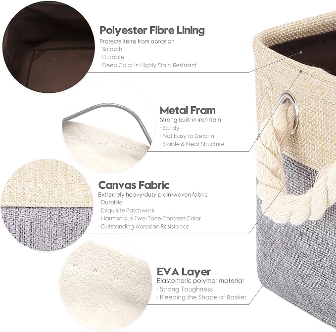 Sea Team Compact Rectangle Canvas Open-Top Storage Baskets, 3-Pack | Collapsible Fabric Storage Bins with Handles, Closet Shelf Organizers, 12 x 8 x 5 Inches, Gray & Beige