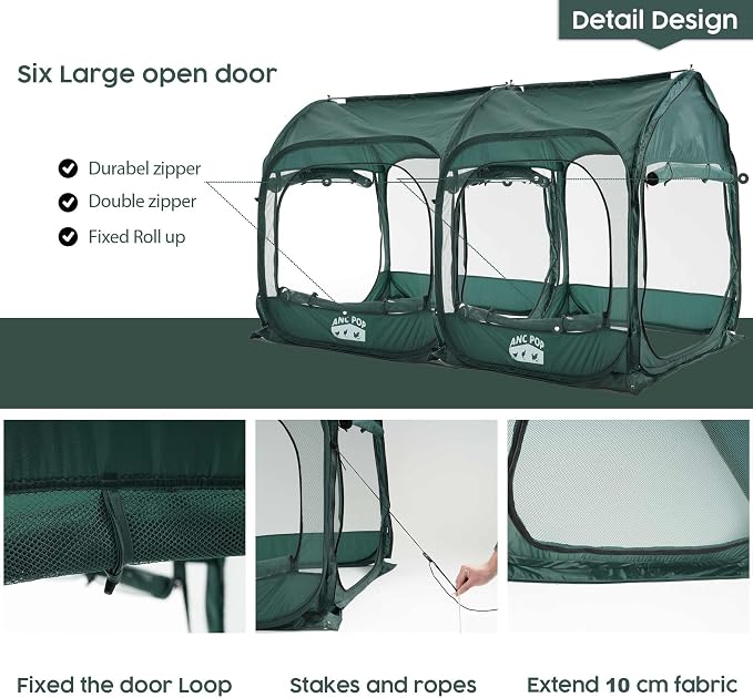 ANC POP 2Pcs Portable Chicken Run, Pop Up Chicken Tent for Small Animals Outdoor Gardening Net with 3 Doors and Handbag, Easy to Install and Storage, Green (80 x 40 x45)