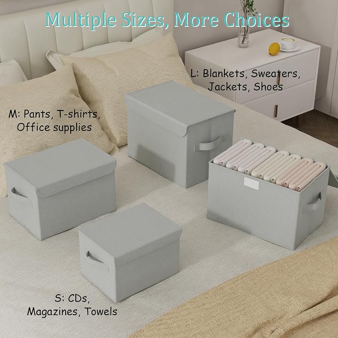 Storage Bins with Lids for Organizing, 4 Pack, Grey, 15x9.8x9.8 In | Closet Boxes with 2 Carrying Handles and Sturdy Heavy PP-board, Home Organizers Cubes for Clothes, Towels, Blanket