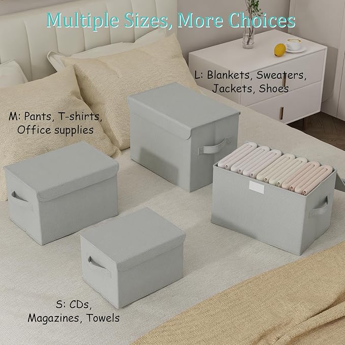 Storage Bin with Lid, Closet Boxes, 2 Pack, Grey, 10.2x7.9x6.7 In | Fabric Organizers System with Cover, Collapsible Stackable Clothes Basket with 2 Handles, for Kitchen Cupboards, TV Consoles