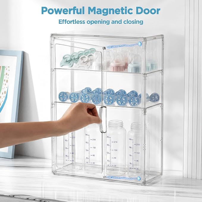 HBlife Baby Bottle Storage Organizer for Countertop Cabinet, 3 Tiers Adjustable Clear Acrylic Bottles Storage Station Case Box Container with 2 Removable Dividers and Magnetic Door, Medium