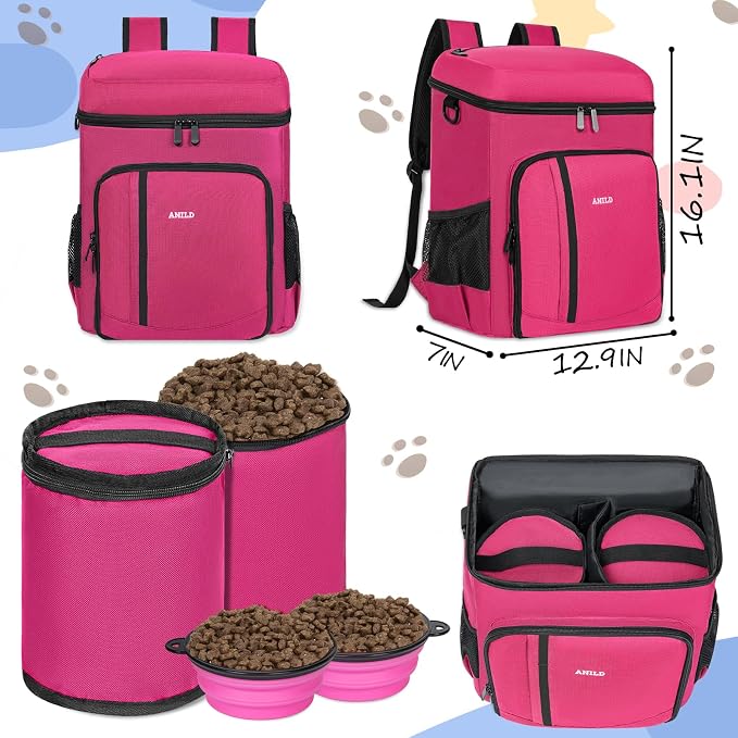 ANILD Dog Travel Bag Backpack, Flight-Ready TSA-Approved Dog Travel Bag with 2 Leak-Proof Food Canisters, 2 Foldable Silicone Bowls, Multi-Compartment Organizer for Hiking, Camping, Dog Mom Essentials