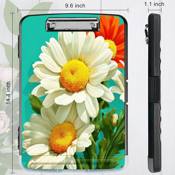 A4 Clipboard with Storage Pen Holder, Clipboards Organizer Nursing Clipboard Foldable File Folder Plastic Clipboard Folio Clip Board for Office Work Classroom Doctor, White Daisy