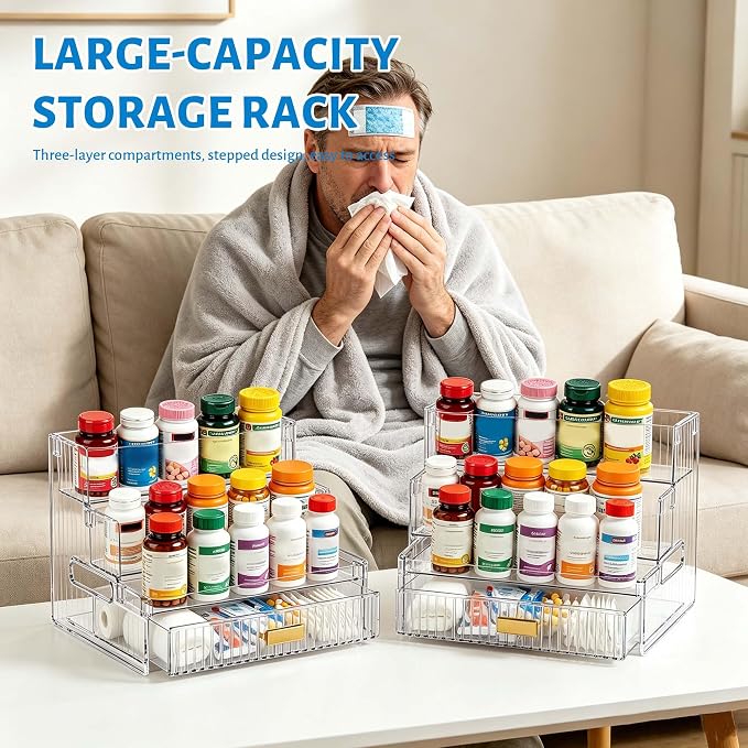 3-Tier Vitamin Storage Organizer with Drawers Organizer For Medicine Bottle | Organizer For Vitamin&Medicine Bottle,Vitamin Bottle Organizers for Countertop,Bathroom Cabinet Storage Organizer Multi-Bin