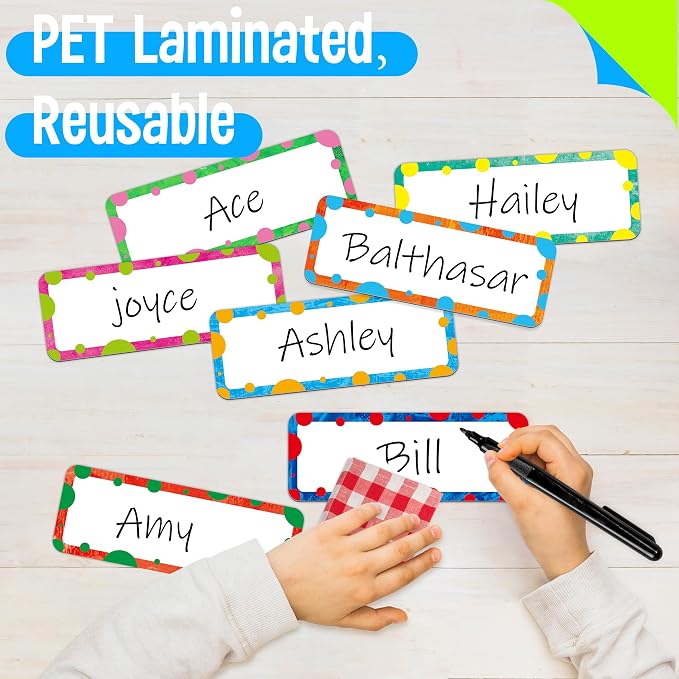 Magnetic Colorful Labels, 54 PCS Dry Erase Reusable Neon Name Tag Stickers Color Dots Frame in 9 Designs for Whiteboards Locker Fridge School Office Home (Each Measures 3.2" x 1.2")