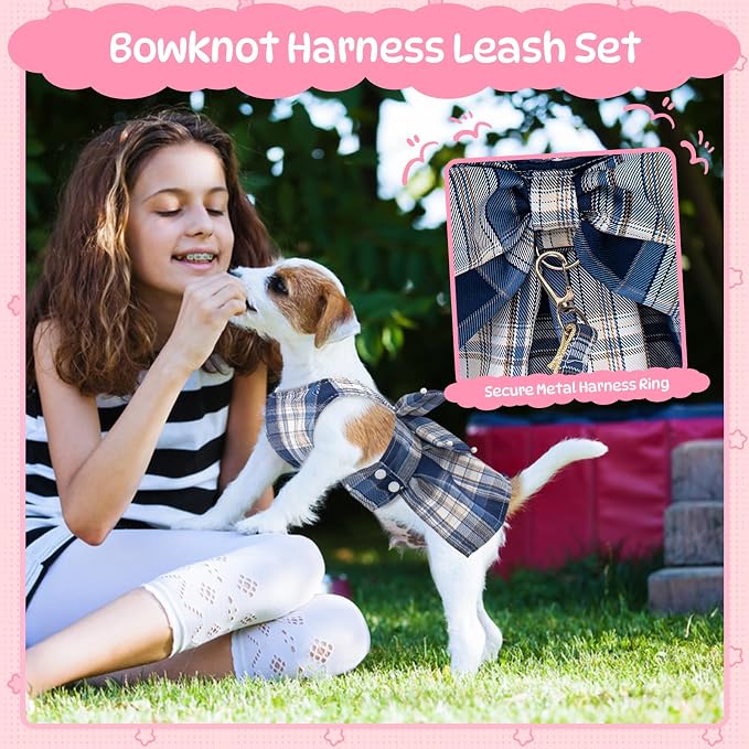 Coppthinktu Plaid Dog Dresses for Small Dogs Girl Bowknot Harness Leash Set