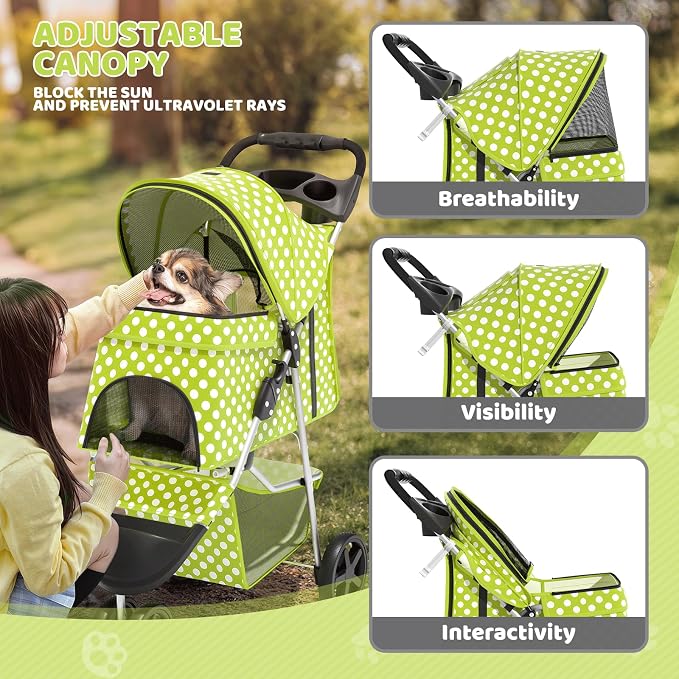 Magshion 3-Wheel Pet Stroller for Small/Medium Dogs & Cats, Up to 33lbs | Foldable Travel Jogger w/ Breathable Mesh Cover, Lightweight Design, Safety Tethers, Cup Holder & Storage Basket