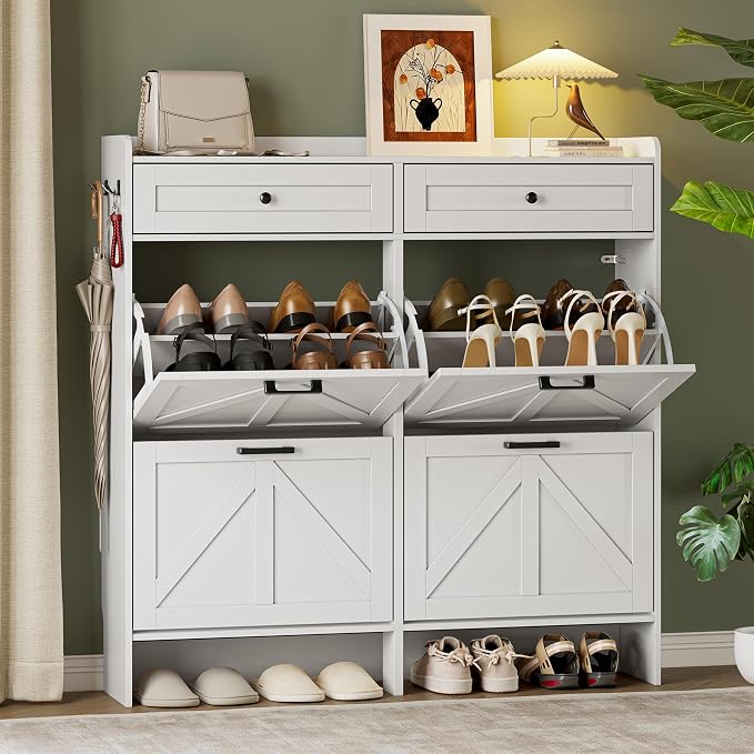 BORNOON Shoe Storage Cabinet for Entryway, Farmhouse Wide Shoe Cabinet with 4 Flip Drawers and 2 Top Drawers, Freestanding Organizer with Adjustable Shelves, Hooks, and Anti-Tip Kit for Hallway