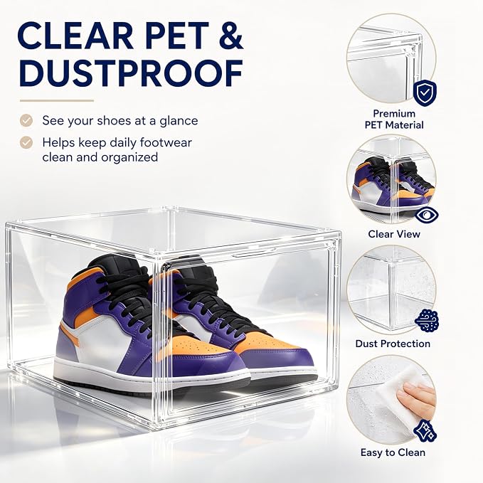 1 Pack Drop Front Shoe Boxes Acrylic Box Sneaker Case, Size 12 | Transparent Display Cases for Sneaker Collections, Baseball Caps, Hat Organizer Dust-free Shoe Cubbies