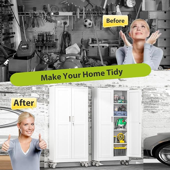 71-Inch Metal Garage Storage Cabinet with Wheels, Locking Doors and Shelves | 4 Adjustable Shelves, Locking Doors, Magnetic Closure, 360° Casters, Anti-Tip Kit, Cold-Rolled Steel