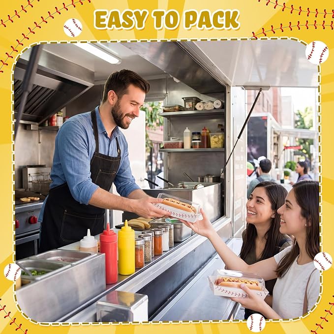 Bokon 50 Pack Baseball Charcuterie Boxes with Clear Lids, 7.5 in Disposable Food Containers for Sandwich Cake Slice, Rookie of the Year Party, Holiday & Game Day Watching, Grease-resistant to Go Box
