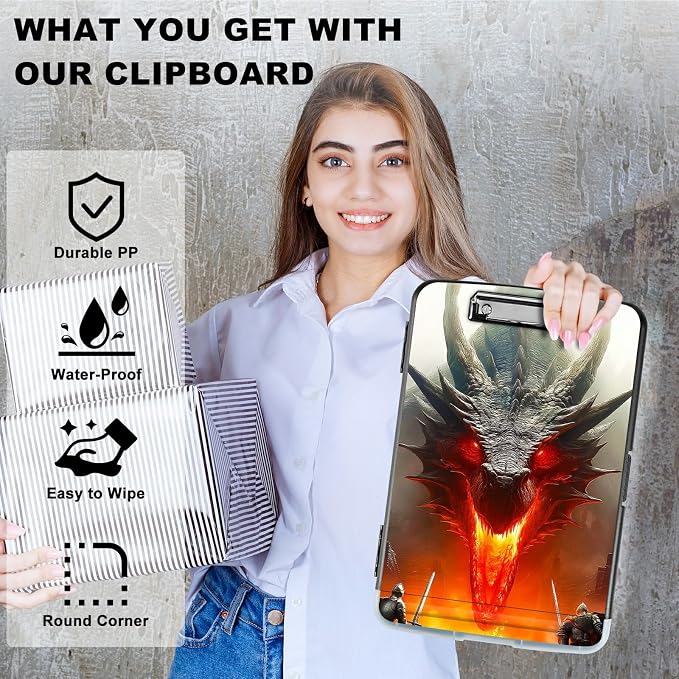 A4 Clipboard with Storage Pen Holder, Clipboards Organizer Nursing Clipboard Foldable File Folder Plastic Clipboard Folio Clip Board for Office Work Classroom Doctor, Grey Flame Dragon