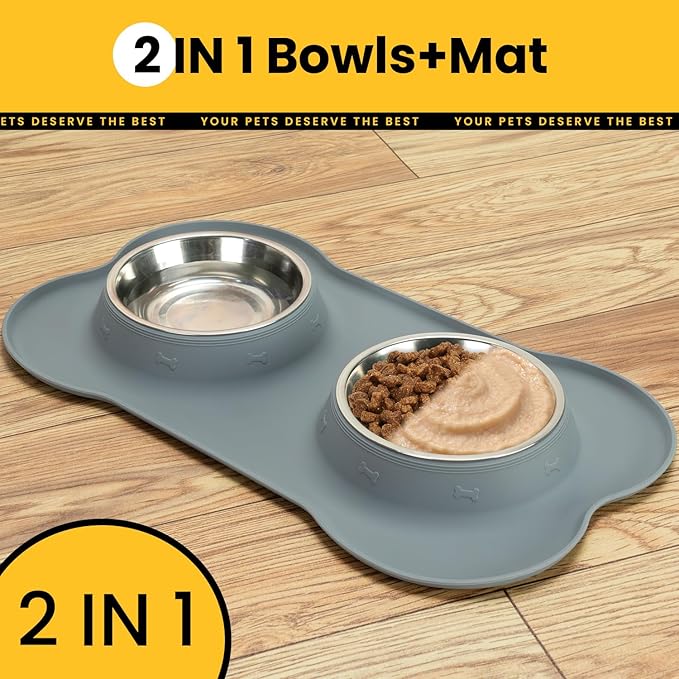 Conlun Dog Bowls with Non-Slip Silicone Mat, Spill Proof Large Food & Water Bowls Set, Easy Clean Dog Food Dish, Dishwasher Safe, Suitable for Dogs Cats Pet Under 90lbs, Large, Grey