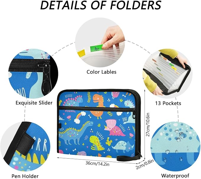 Cute Dinosaur Pattern Blue Expanding File Folder with Sticky Labels, 13 Pockets Accordion File Folder Document Organizer Expandable Zip File Folder with Zipper Closure
