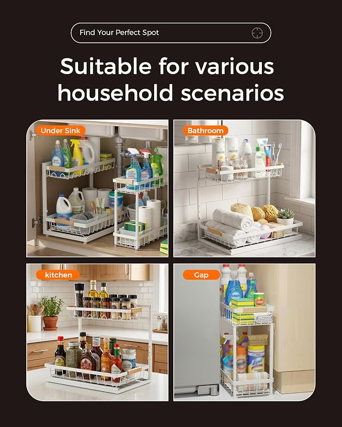 2-Pack 2-Tier Height Adjustable Under Sink Organizer & Storage | Multi-purpose storage for kitchen & bathroom cabinet. Large white shelf, height adjustable design for space-saving.